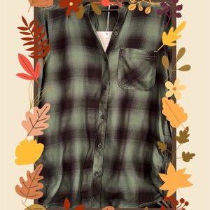 Beachlunchlounge Long Sleeve Button Down Shirt Spruce Black Plaid Small NWT